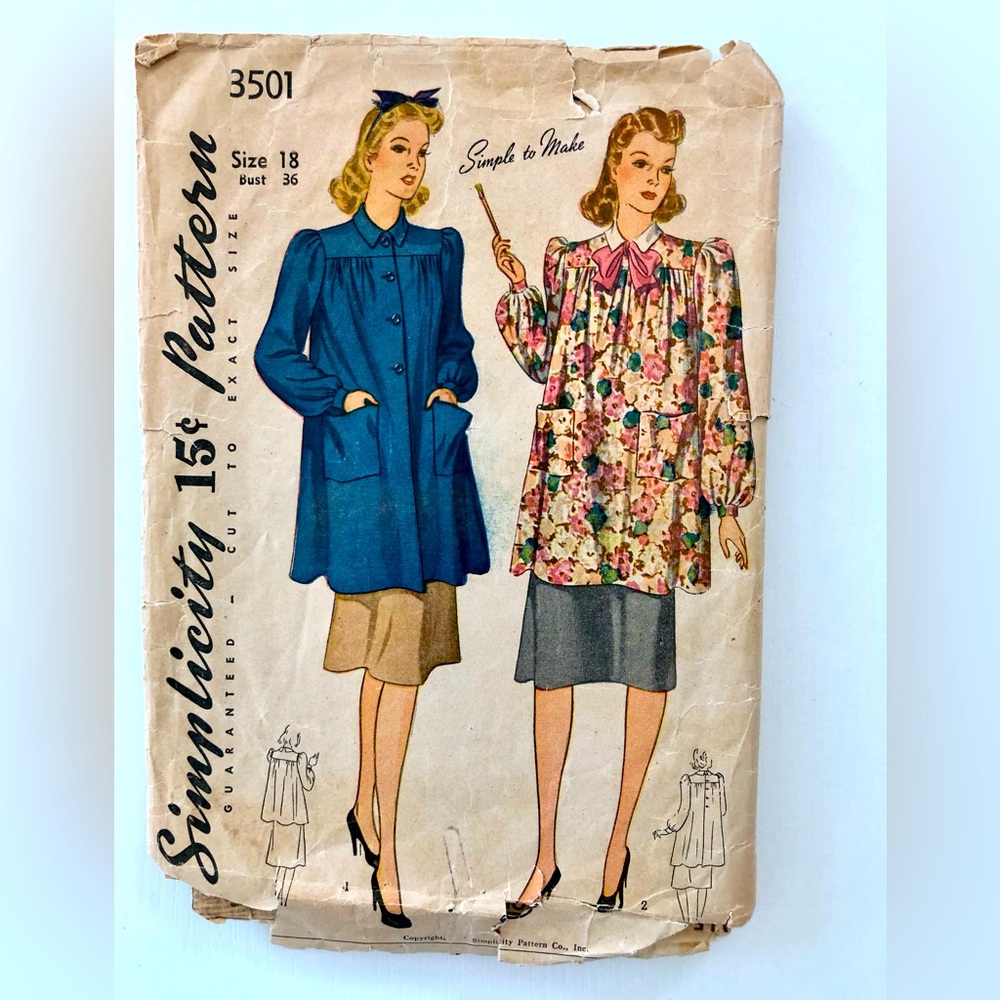 VTG 1940s Simplicity sewing pattern Easy to sew smock tunic Full sleeve pockets
